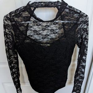 LACE LONG SLEEVE BODYSUIT - BLACK - H&M Women's SIZE S